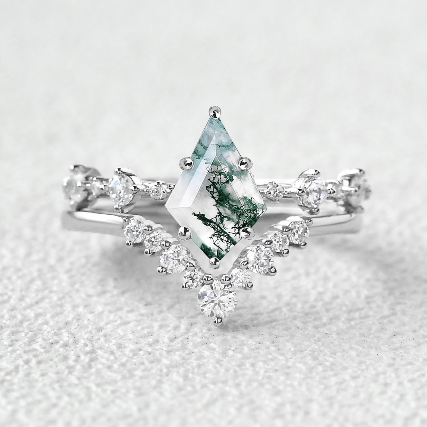 Green Moss Agate Kite Engagement Ring Sets 2pcs.