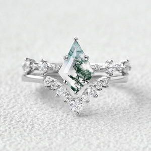 Green Moss Agate Kite Engagement Ring Sets 2pcs.