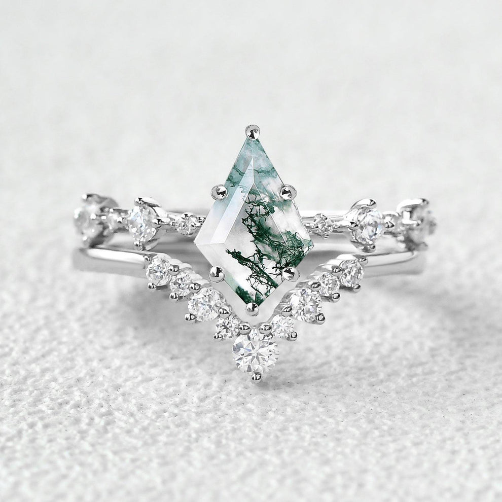 Green Moss Agate Kite Engagement Ring Sets 2pcs.