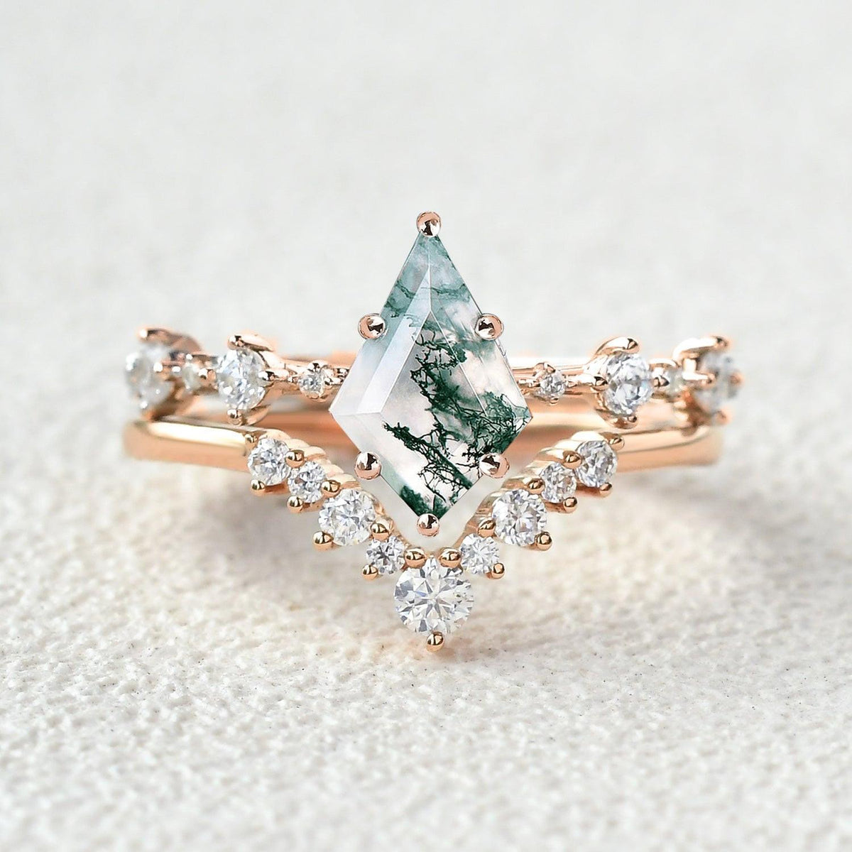 Green Moss Agate Kite Engagement Ring Sets 2pcs.