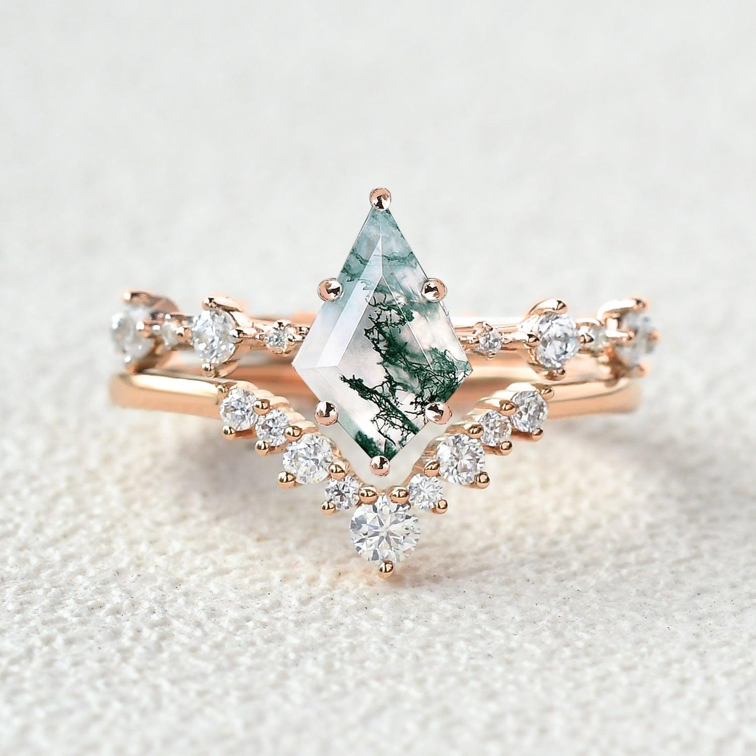 Green Moss Agate Kite Engagement Ring Sets 2pcs.