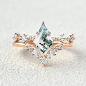 Green Moss Agate Kite Engagement Ring Sets 2pcs.
