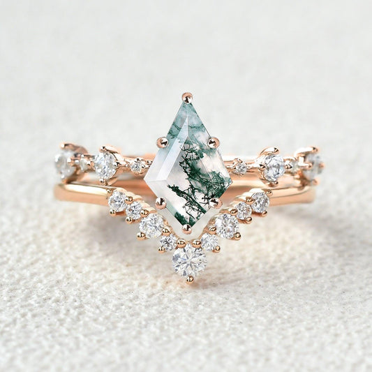 Green Moss Agate Kite Engagement Ring Sets 2pcs.