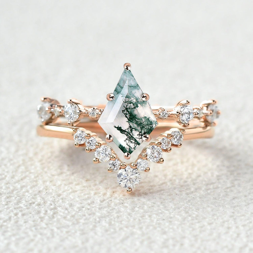 Green Moss Agate Kite Engagement Ring Sets 2pcs.