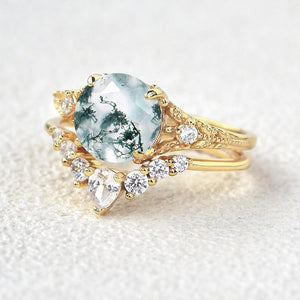 Round Moss Agate Engagement Ring Sets 2pcs.