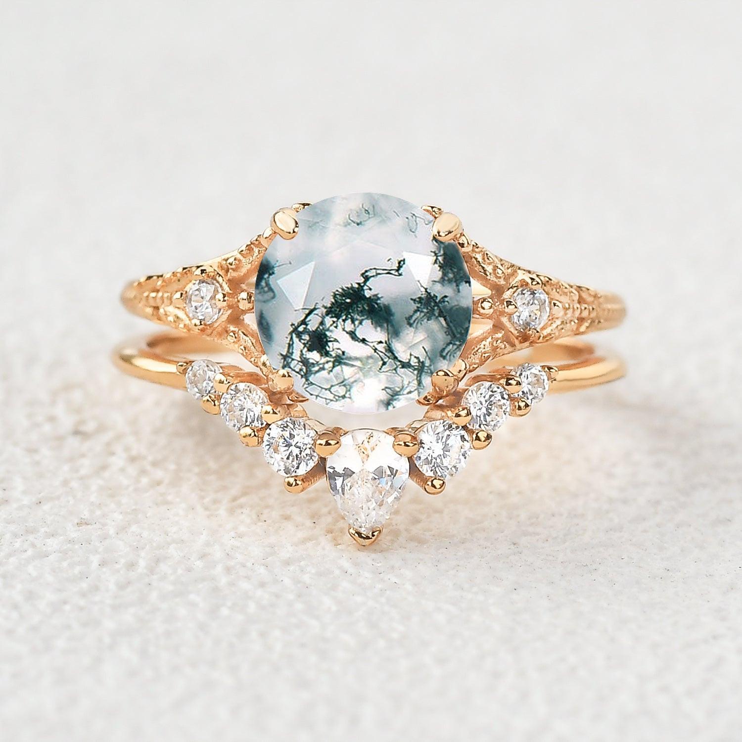 Round Moss Agate Engagement Ring Sets 2pcs.