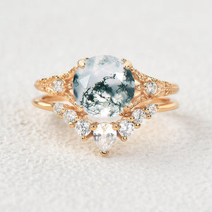 Round Moss Agate Engagement Ring Sets 2pcs.
