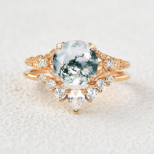 Round Moss Agate Engagement Ring Sets 2pcs.