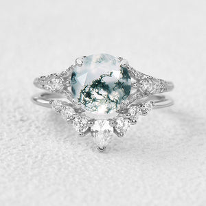 Round Moss Agate Engagement Ring Sets 2pcs.