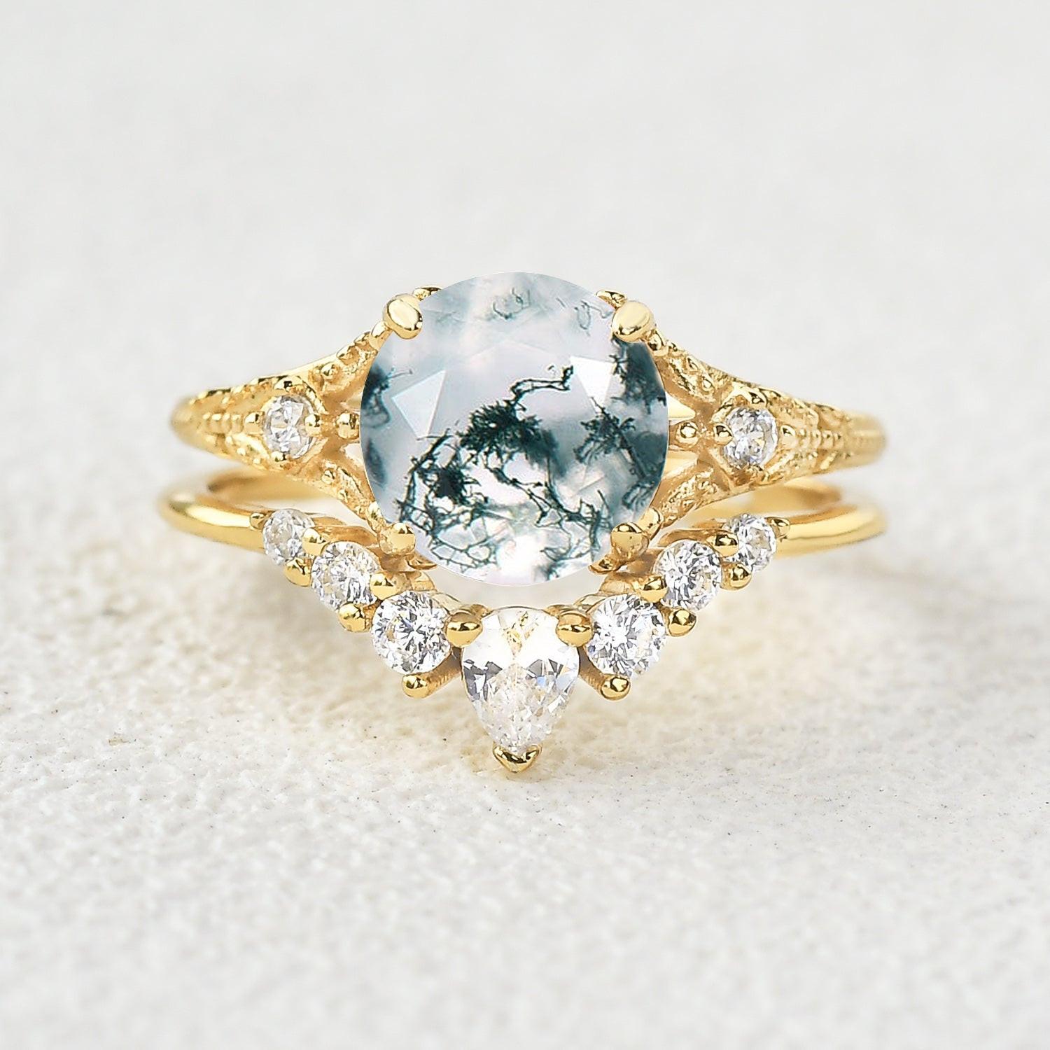 Round Moss Agate Engagement Ring Sets 2pcs.