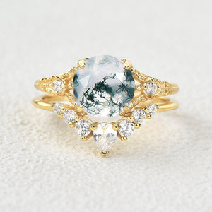 Round Moss Agate Engagement Ring Sets 2pcs.