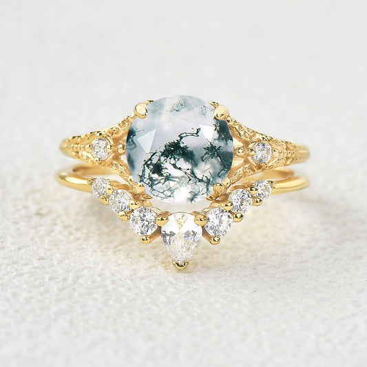Round Moss Agate Engagement Ring Sets 2pcs.