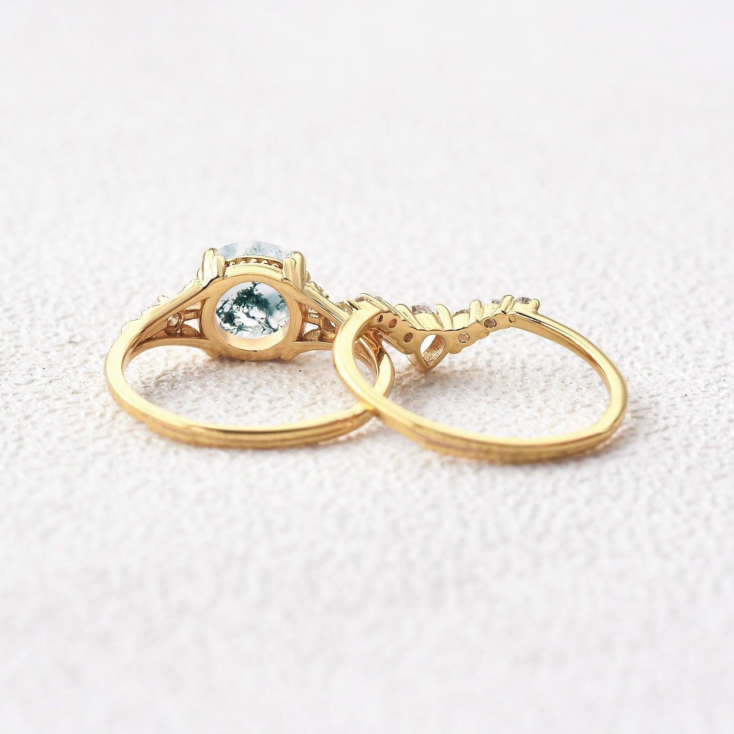 Round Moss Agate Engagement Ring Sets 2pcs.