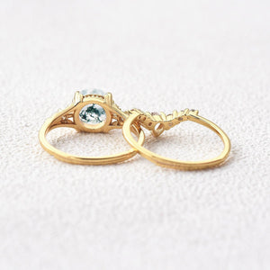 Round Moss Agate Engagement Ring Sets 2pcs.