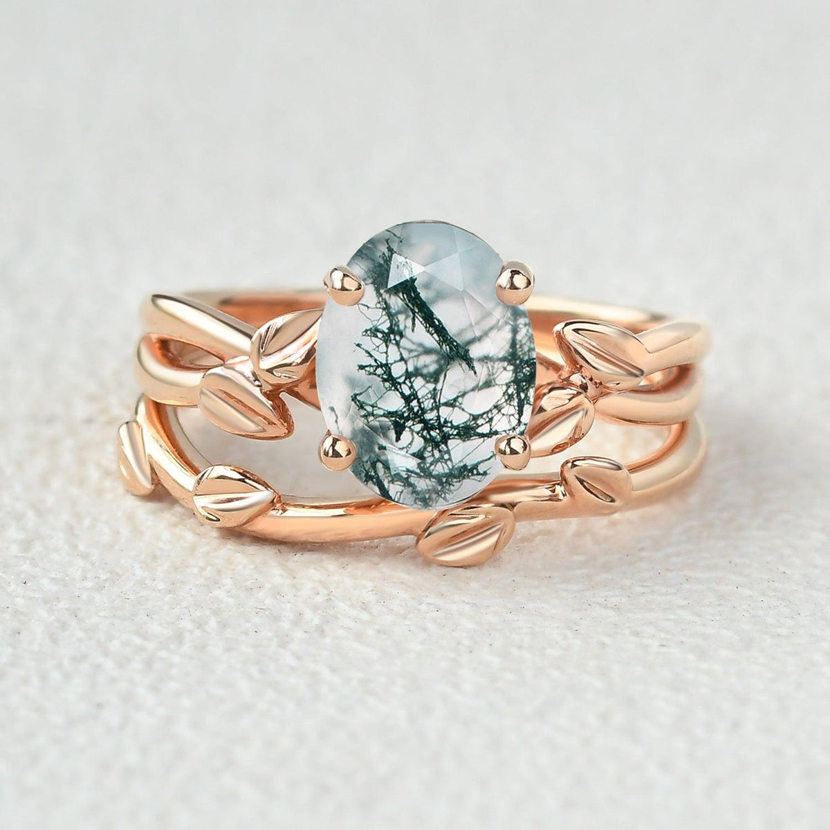 Twisted Leaf Oval Moss Agate Engagement Ring Sets 2pcs.