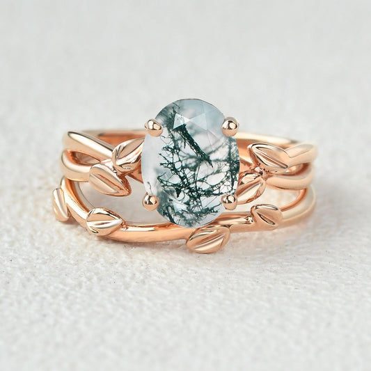 Twisted Leaf Oval Moss Agate Engagement Ring Sets 2pcs.
