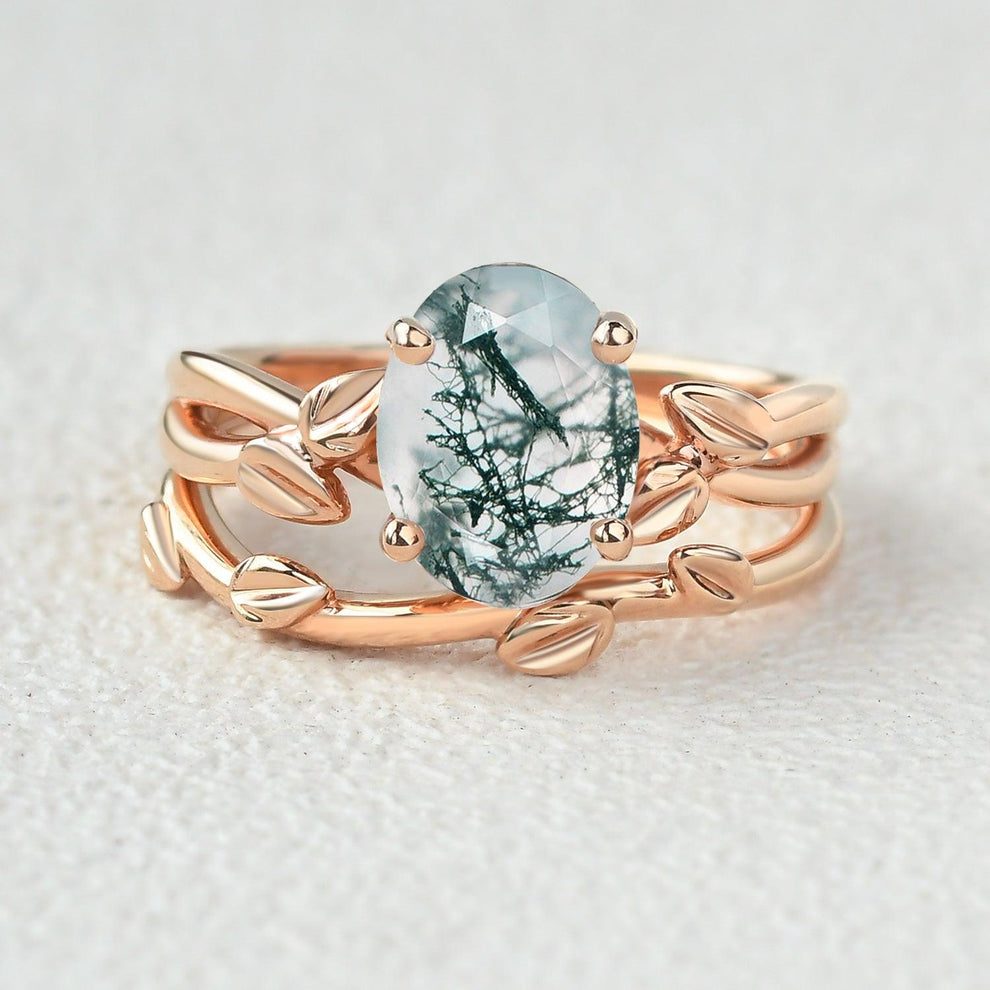 Twisted Leaf Oval Moss Agate Engagement Ring Sets 2pcs.