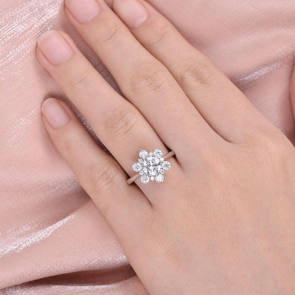 Snowflake Shaped Moissanite Art deco White Gold Ring.