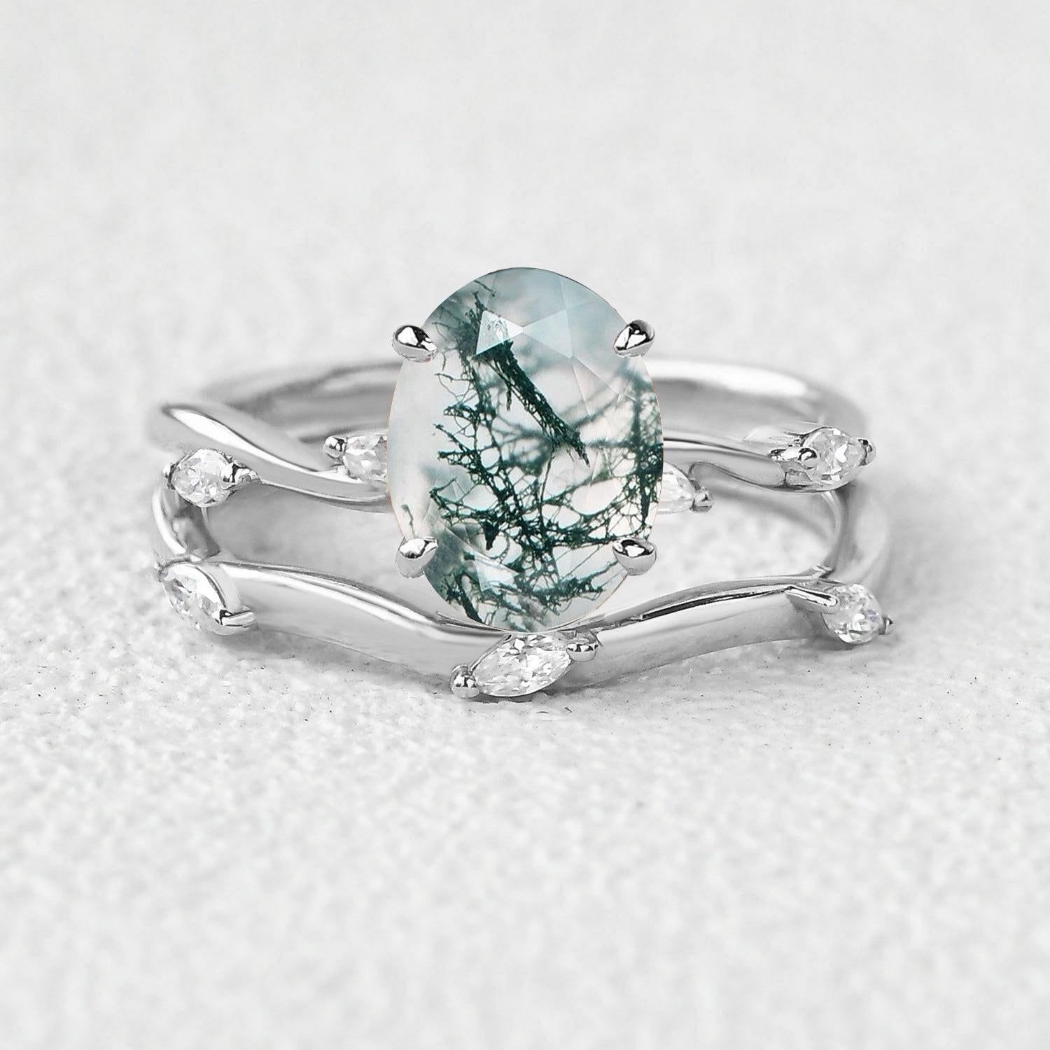 Leaf Marquise Oval Moss Agate Engagement Ring Sets 2pcs.