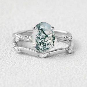 Leaf Marquise Oval Moss Agate Engagement Ring Sets 2pcs.