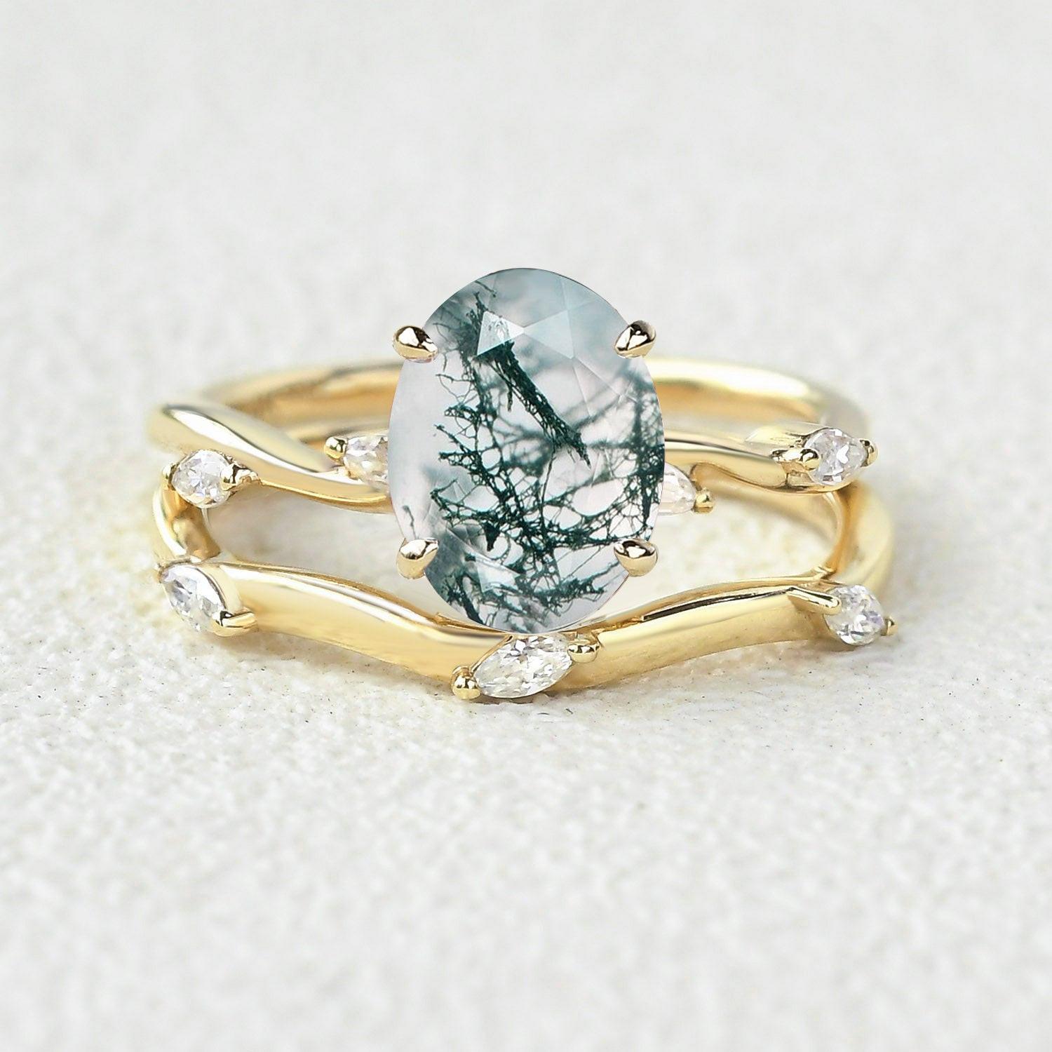 Leaf Marquise Oval Moss Agate Engagement Ring Sets 2pcs.