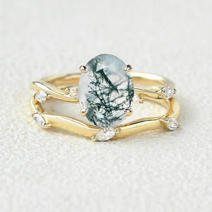 Leaf Marquise Oval Moss Agate Engagement Ring Sets 2pcs.