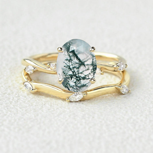 Leaf Marquise Oval Moss Agate Engagement Ring Sets 2pcs.