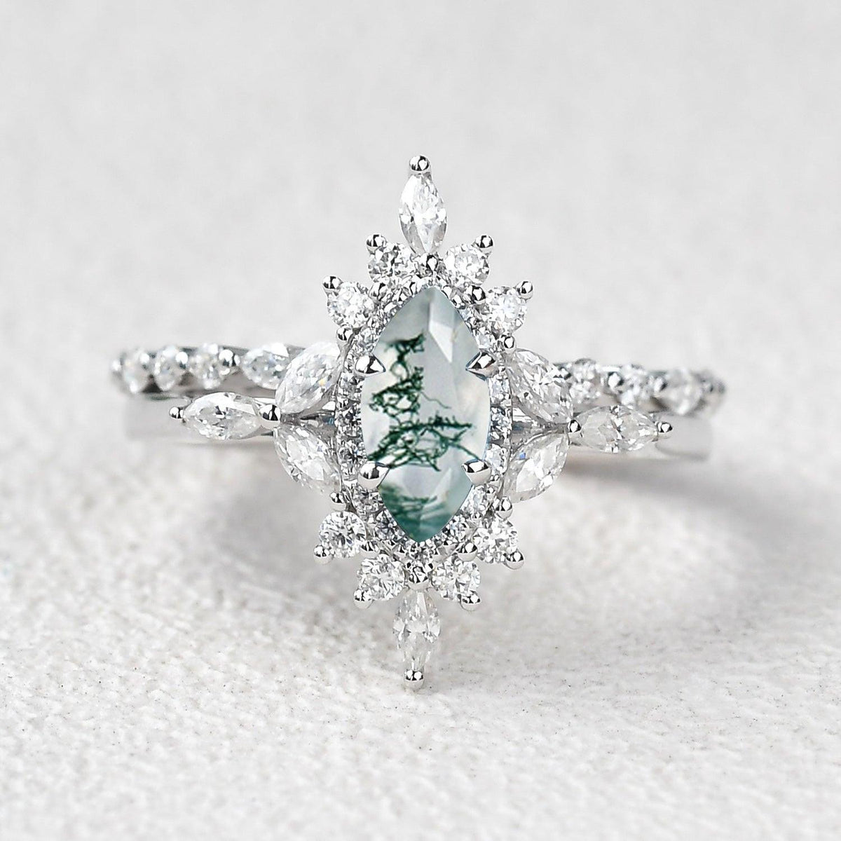 1.0ct Marquise Cut Moss Agate Cluster Vintage Engagement Ring Set 2pcs.