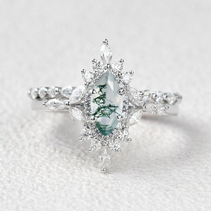 1.0ct Marquise Cut Moss Agate Cluster Vintage Engagement Ring Set 2pcs.