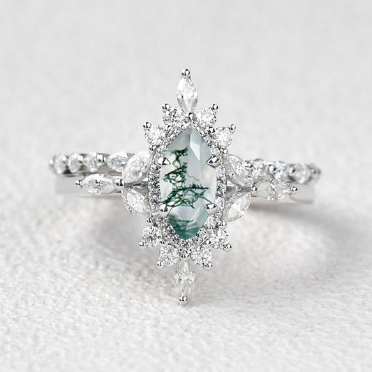 1.0ct Marquise Cut Moss Agate Cluster Vintage Engagement Ring Set 2pcs.