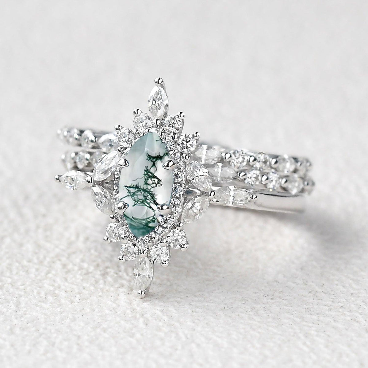 Elara’s Cluster | Marquise Moss Agate Vintage Ring Set 3pcs.