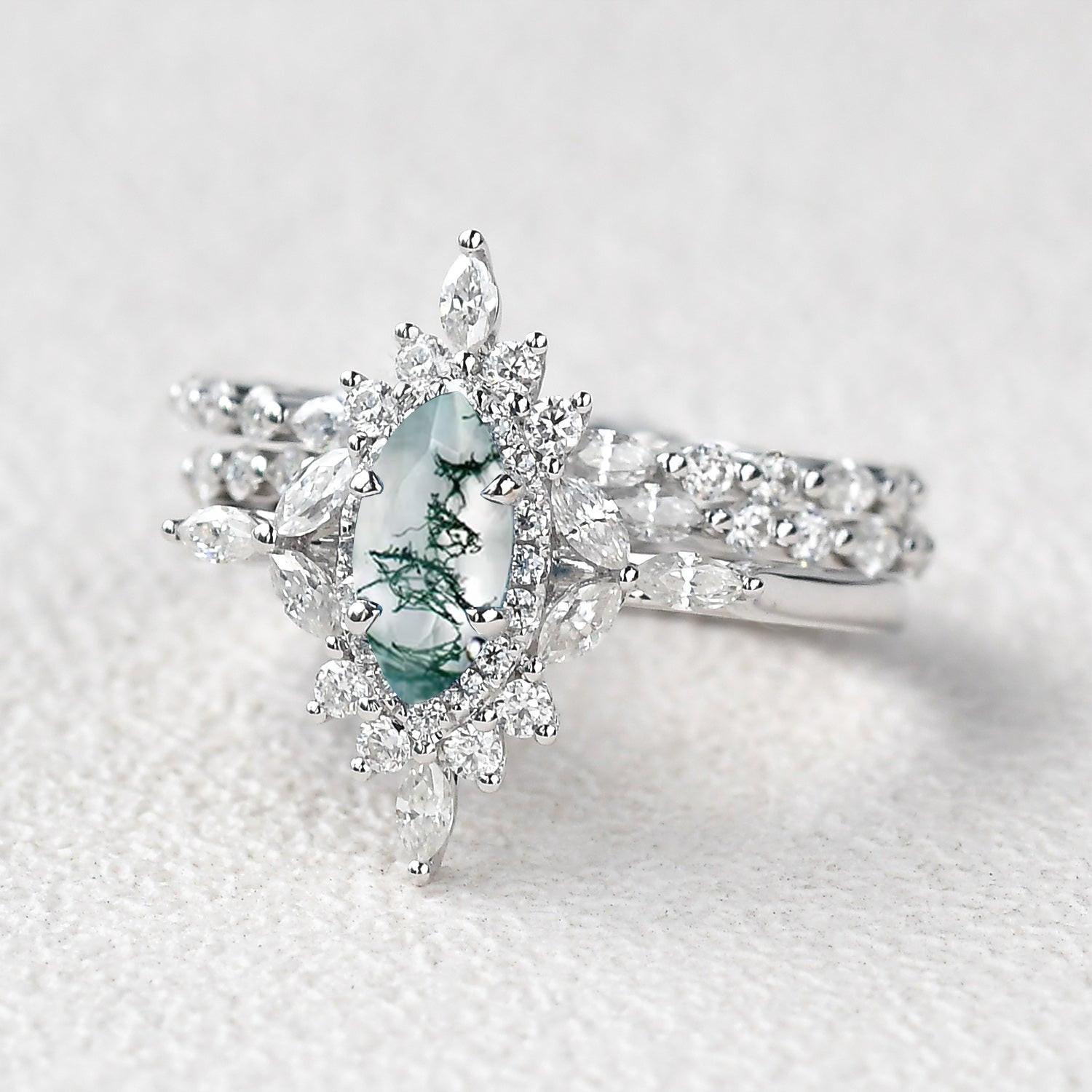 Elara’s Cluster | Marquise Moss Agate Vintage Ring Set 3pcs.