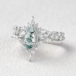 Elara’s Cluster | Marquise Moss Agate Vintage Ring Set 3pcs.