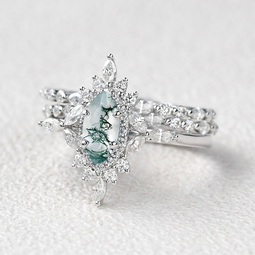 Elara’s Cluster | Marquise Moss Agate Vintage Ring Set 3pcs.