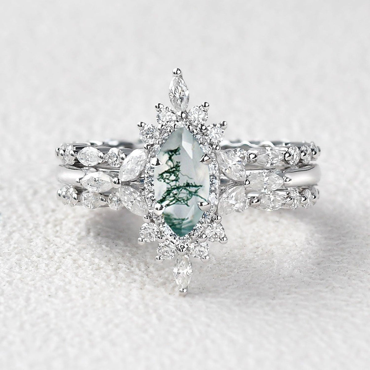 Elara’s Cluster | Marquise Moss Agate Vintage Ring Set 3pcs.