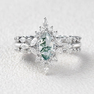 Elara’s Cluster | Marquise Moss Agate Vintage Ring Set 3pcs.