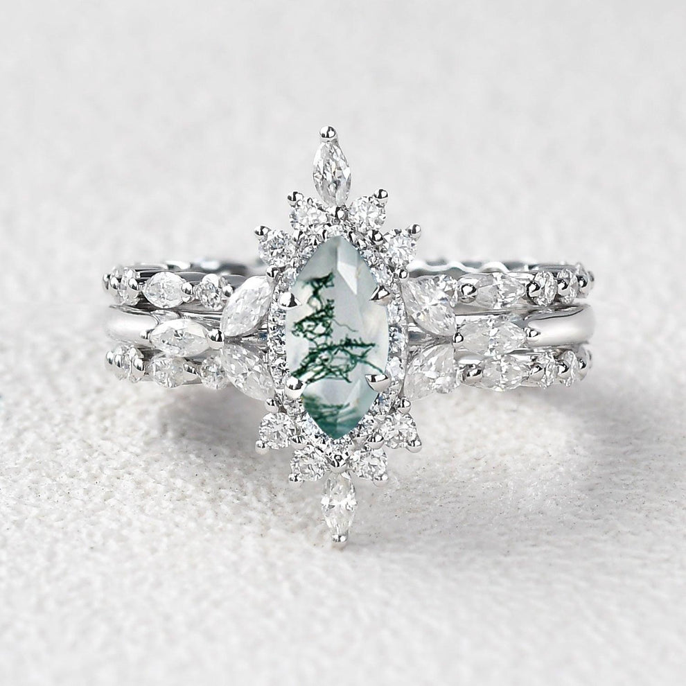 Elara’s Cluster | Marquise Moss Agate Vintage Ring Set 3pcs.