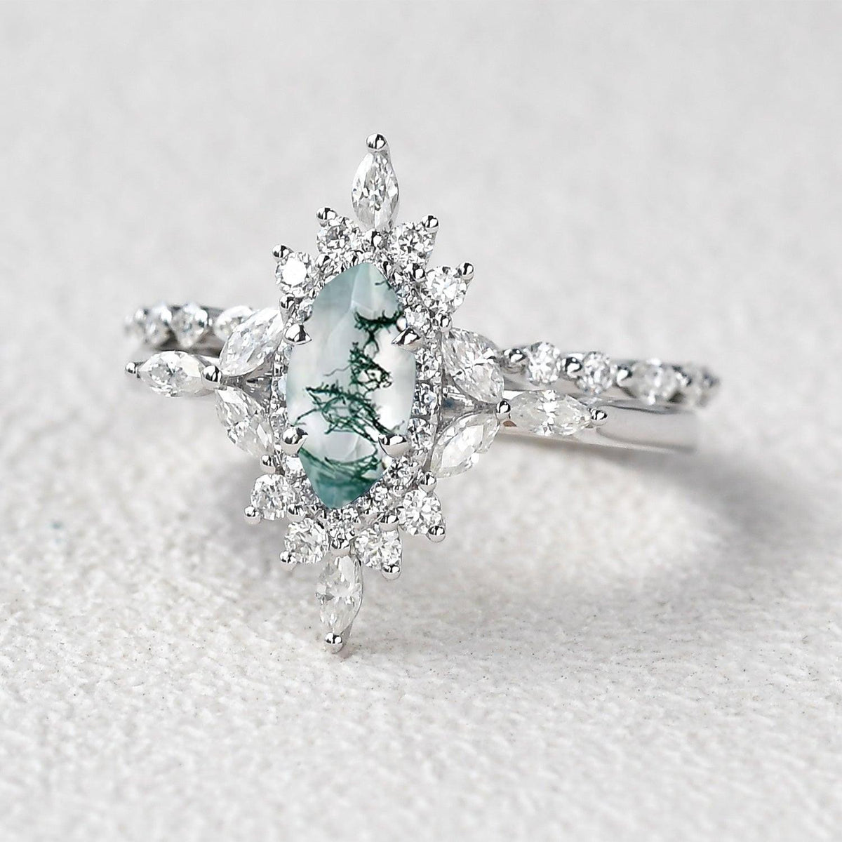 1.0ct Marquise Cut Moss Agate Cluster Vintage Engagement Ring Set 2pcs.