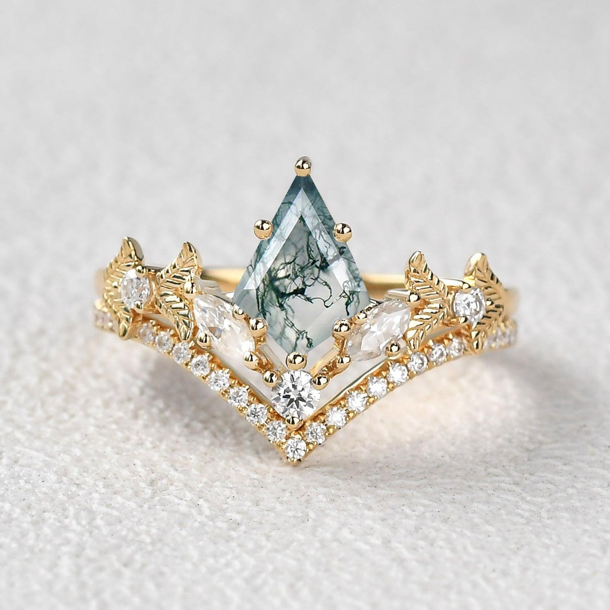 Kite Cut Moss Agate Leafy Art-Deco Engagement Ring Set 2pcs.