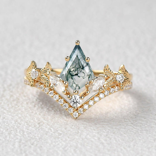 Kite Cut Moss Agate Leafy Art-Deco Engagement Ring Set 2pcs.