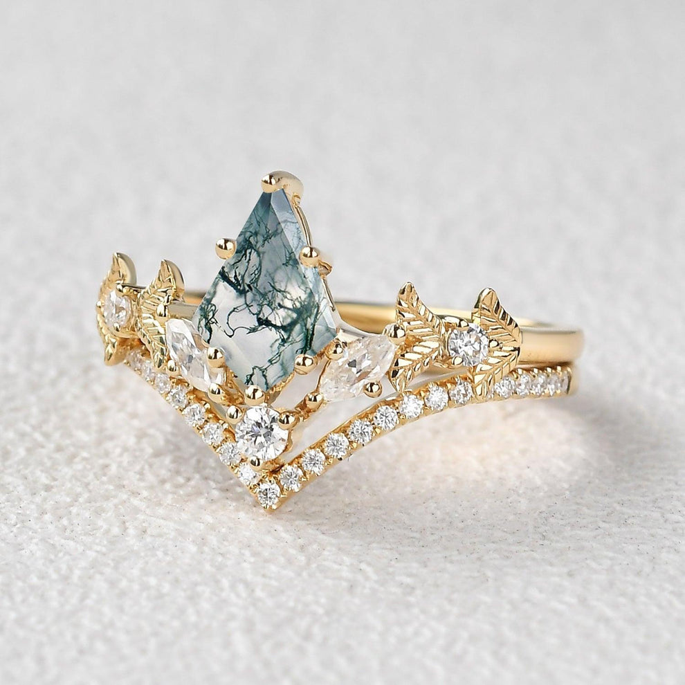 Kite Cut Moss Agate Leafy Art-Deco Engagement Ring Set 2pcs.