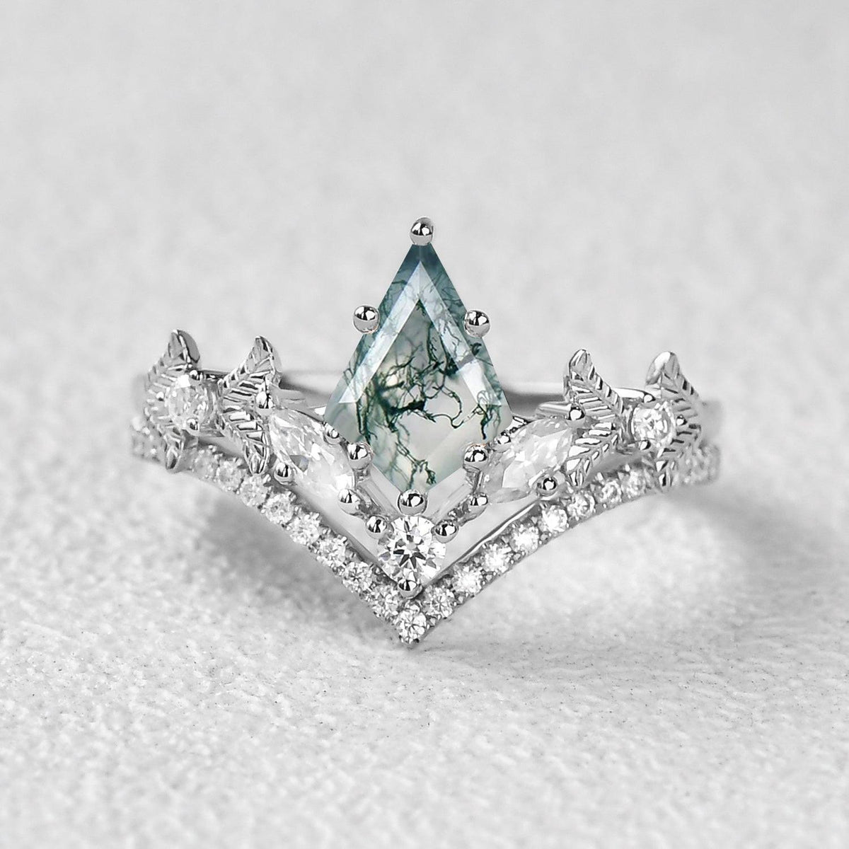 Kite Cut Moss Agate Leafy Art-Deco Engagement Ring Set 2pcs.