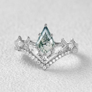 Kite Cut Moss Agate Leafy Art-Deco Engagement Ring Set 2pcs.