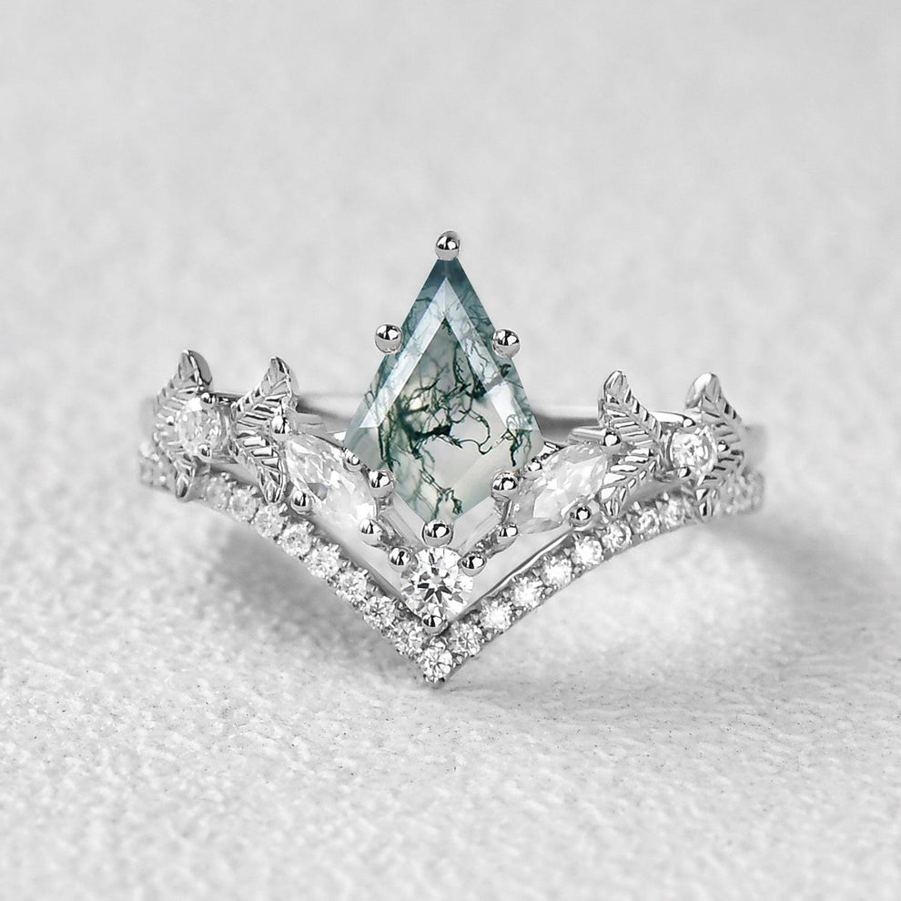 Kite Cut Moss Agate Leafy Art-Deco Engagement Ring Set 2pcs.