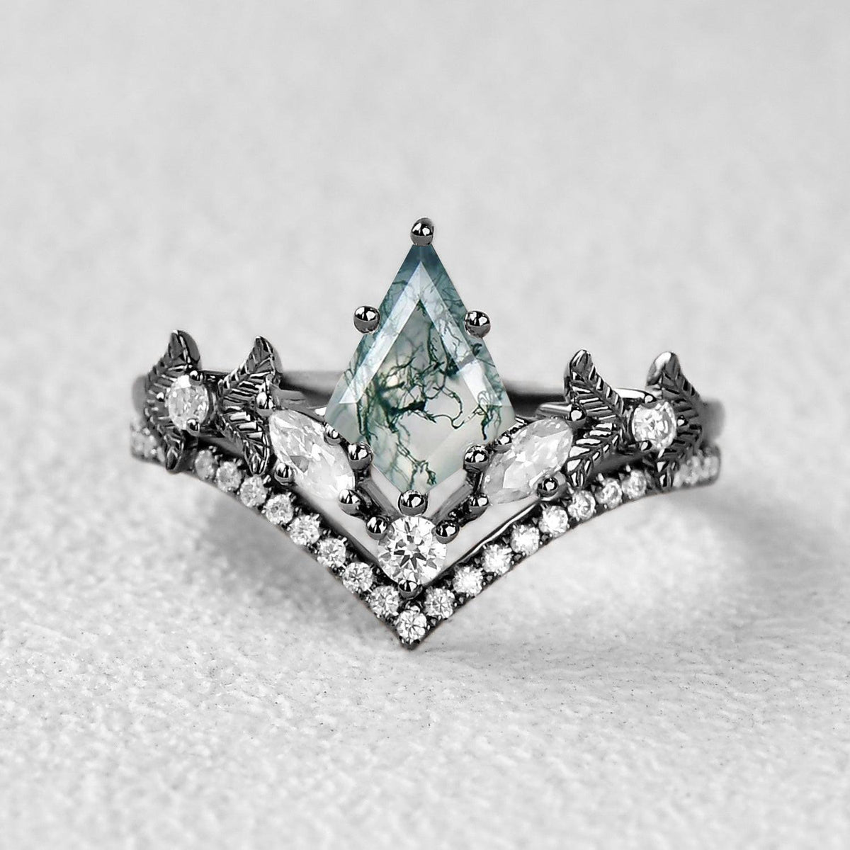 Kite Cut Moss Agate Leafy Art-Deco Engagement Ring Set 2pcs.