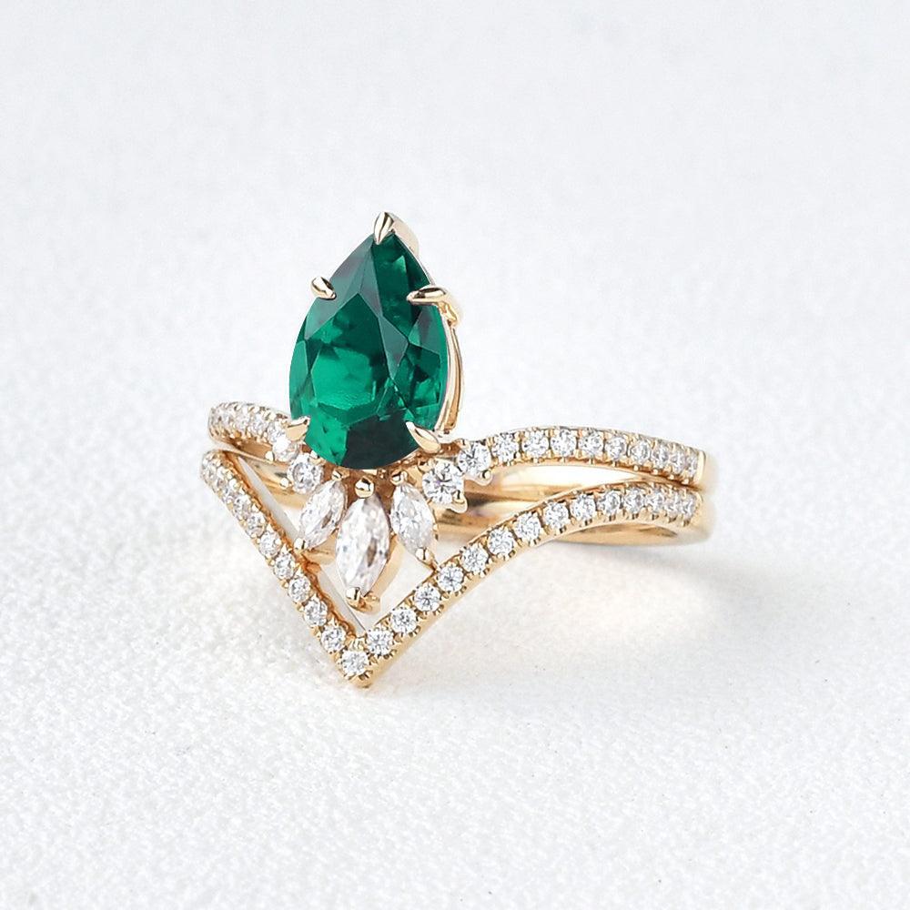 Mila 1.7CT Pear Emerald Classic Vintage Ring Set 2pcs.
