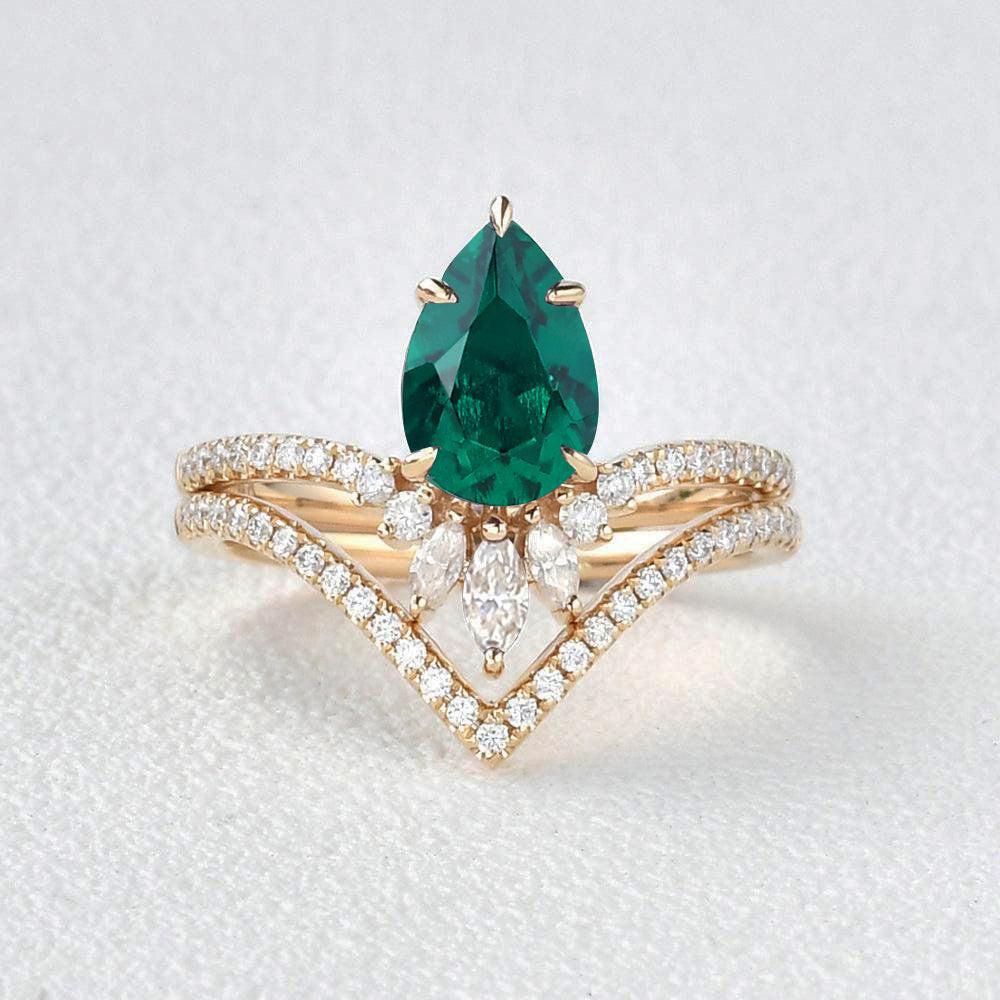 Mila 1.7CT Pear Emerald Classic Vintage Ring Set 2pcs.