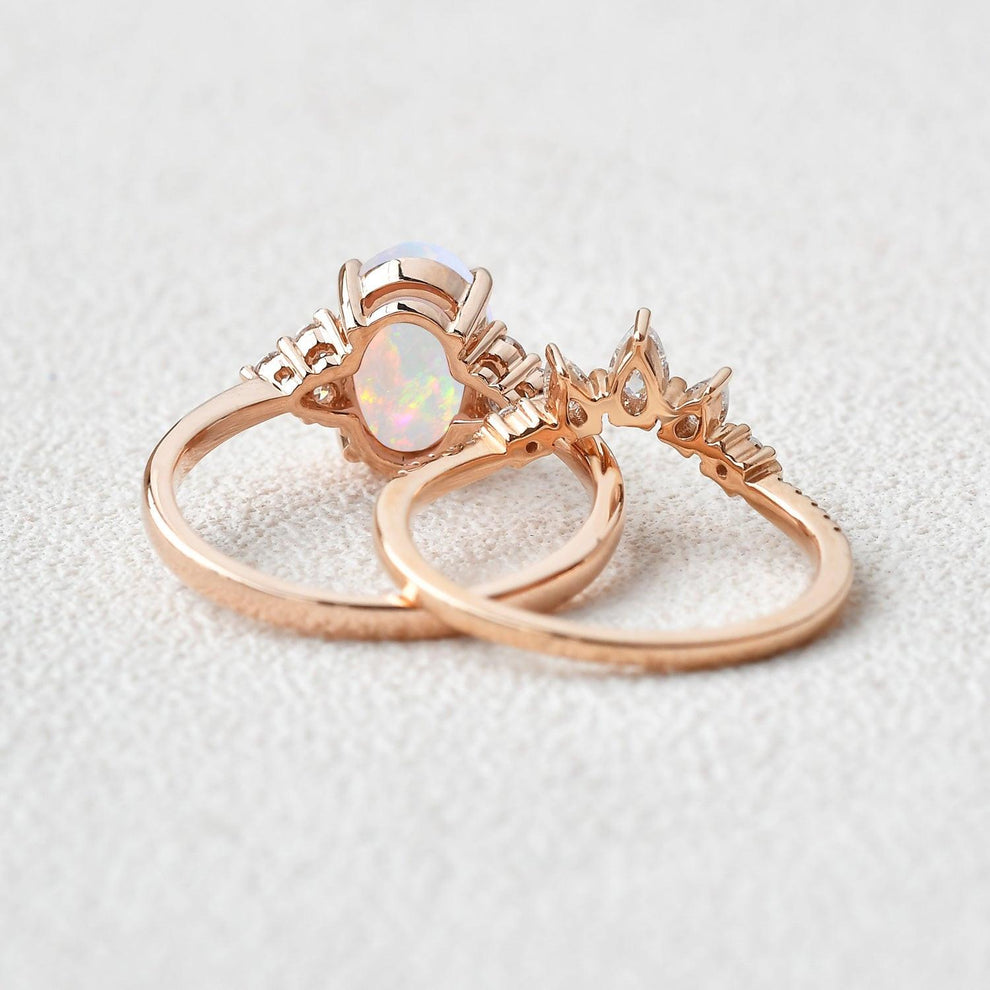 Oval Cut Moss Agate Cluster Gold Ring Set 2pcs.