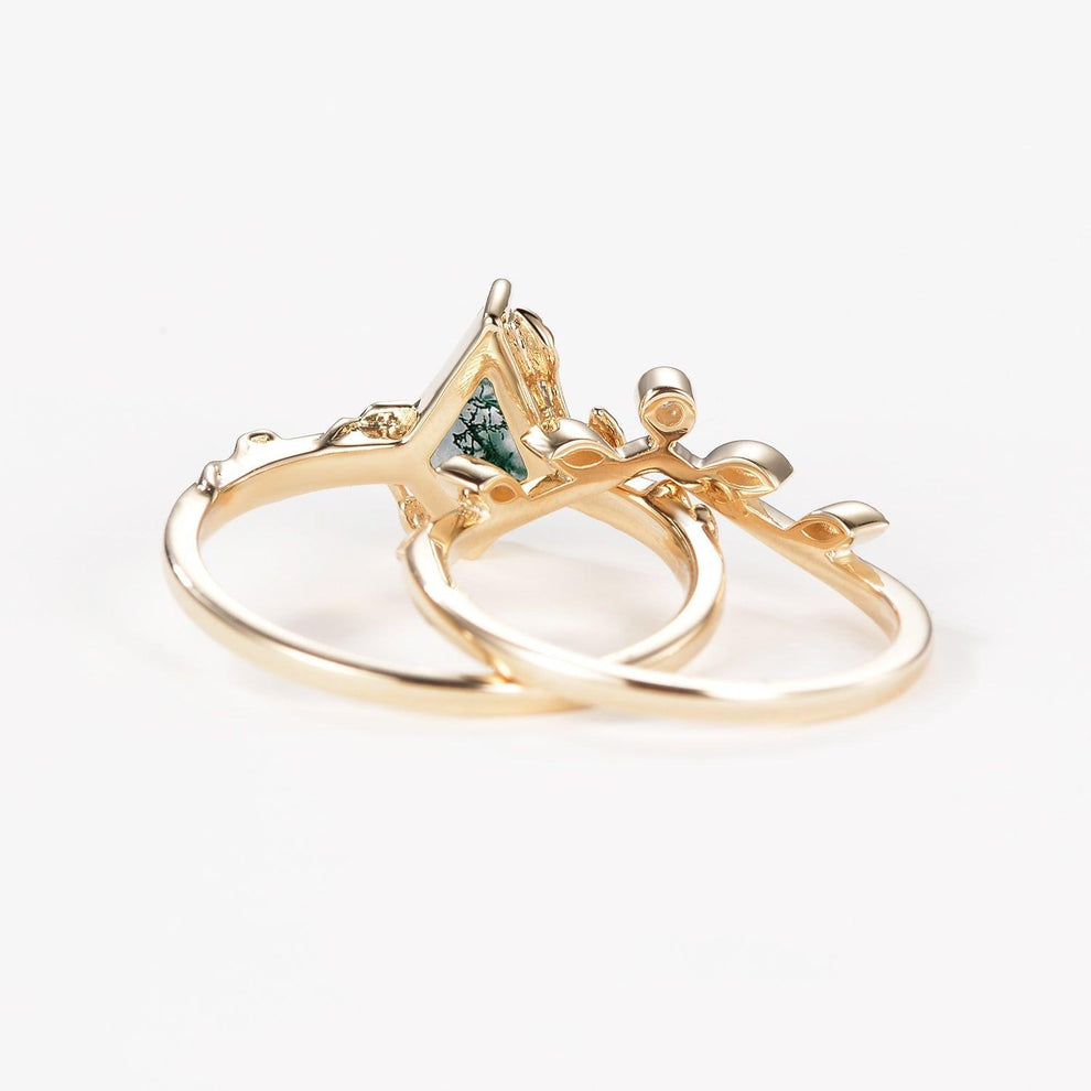 Jade Kite Cut Moss Agate Natural Leafy Engagement Ring Sets 2pcs.