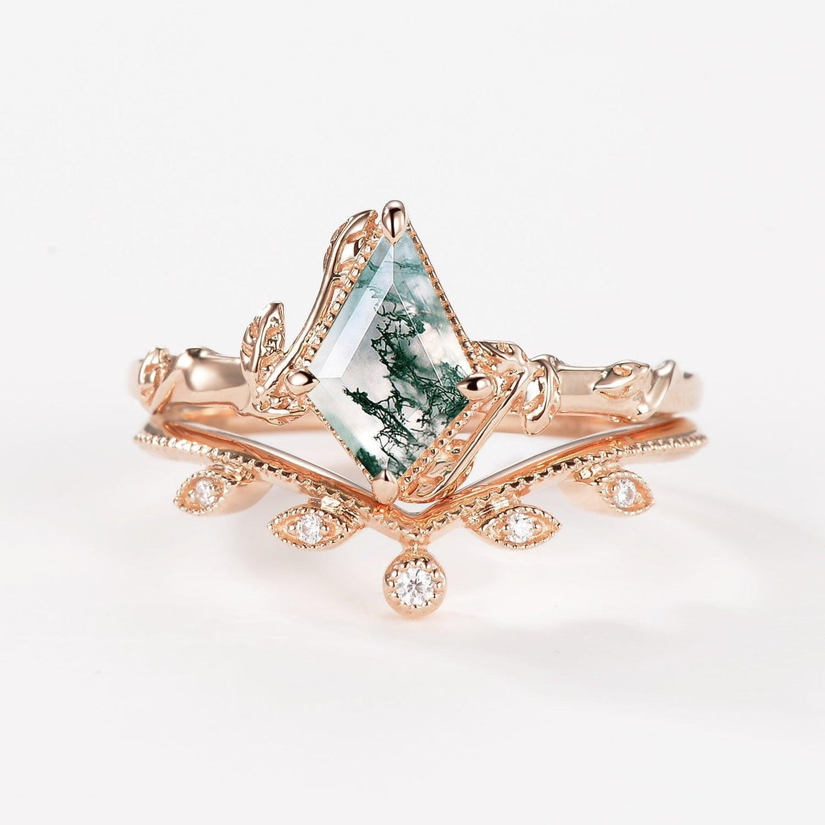 Jade Kite Cut Moss Agate Natural Leafy Engagement Ring Sets 2pcs.